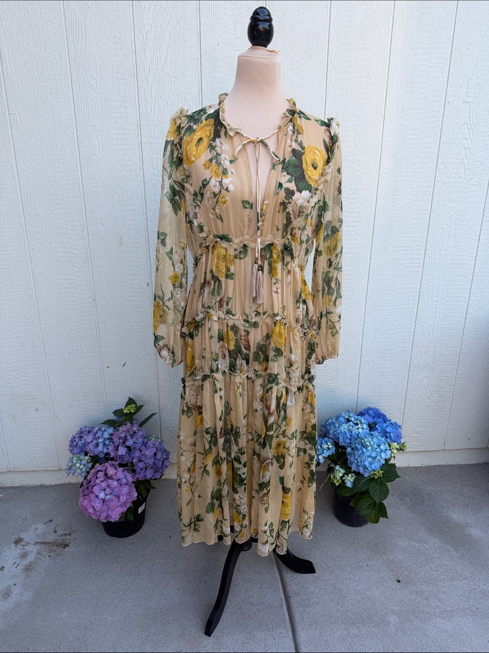Floral Tiered Midi Dress in Yellow Cream